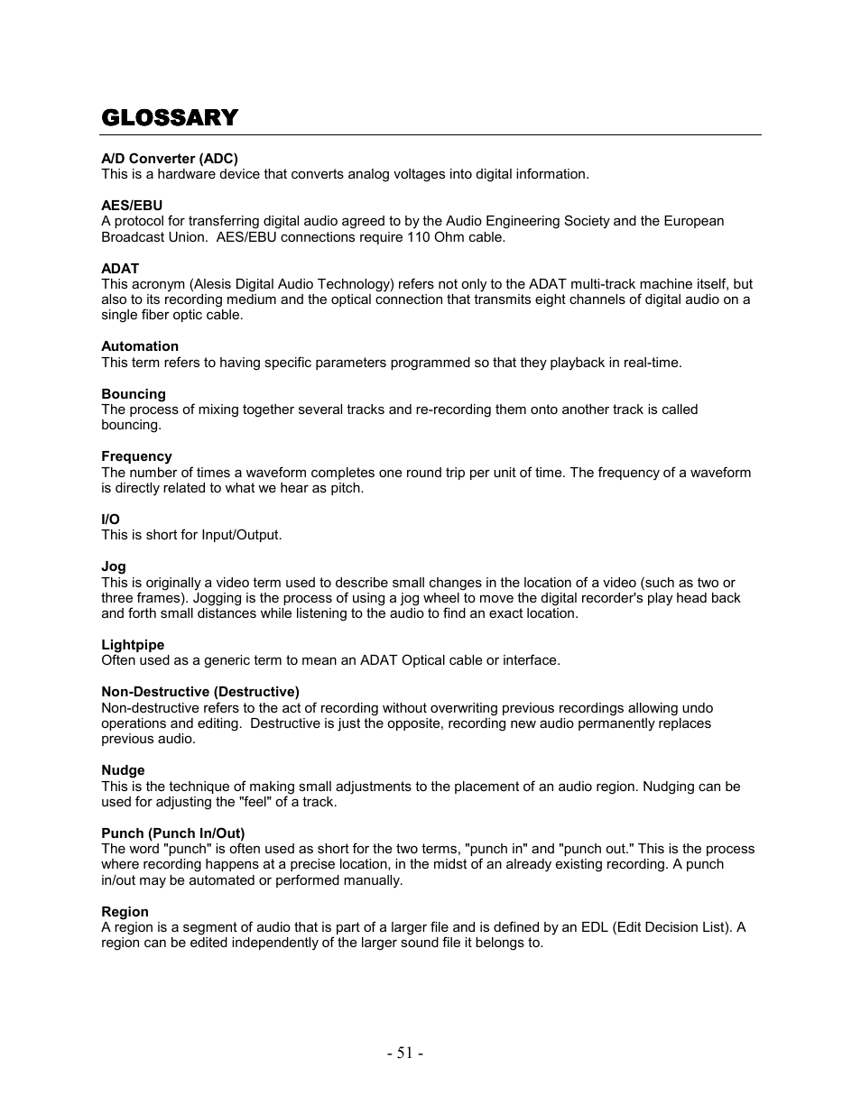 Glossary | Teac MX-2424 Tutorial User Manual | Page 51 / 52
