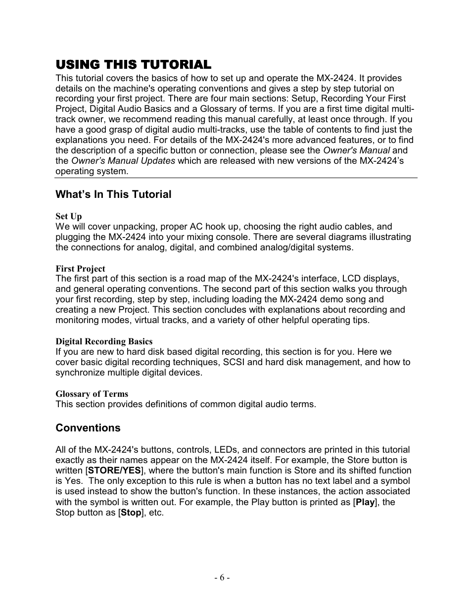 Using this tutorial, What’s in this tutorial, Conventions | Teac MX-2424 Tutorial User Manual | Page 6 / 52