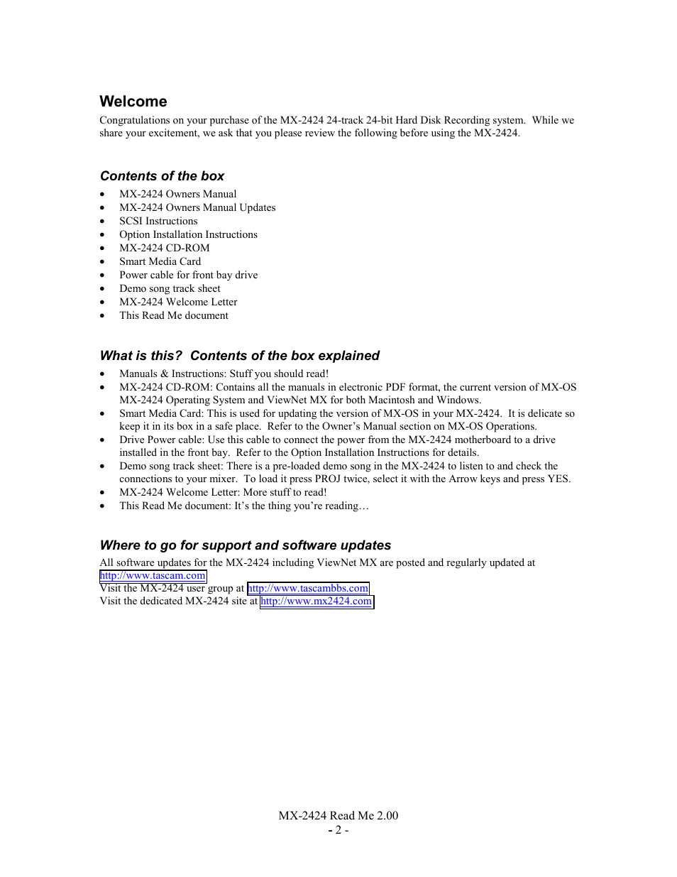 Welcome, Contents of the box, What is this? contents of the box explained | Where to go for support and software updates | Teac MX-2424 v2.0 User Manual | Page 2 / 4