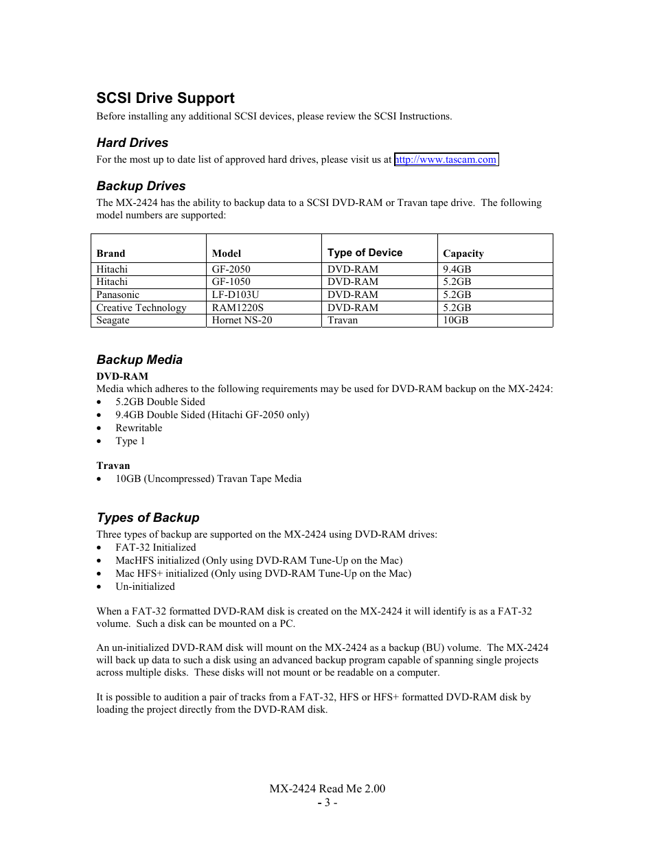 Scsi drive support, Hard drives, Backup drives | Brand, Backup media, Dvd-ram, Travan, Types of backup | Teac MX-2424 v2.0 User Manual | Page 3 / 4