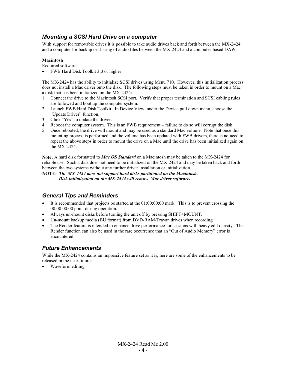 Mounting a scsi hard drive on a computer, Macintosh, General tips and reminders | Future enhancements | Teac MX-2424 v2.0 User Manual | Page 4 / 4