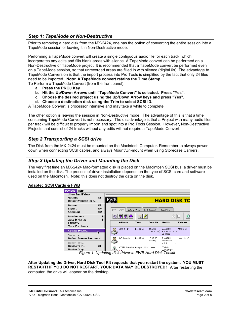 Step 1: tapemode or non-destructive, Step 2 transporting a scsi drive, Step 3 updating the driver and mounting the disk | Adaptec scsi cards & fwb | Teac MX-2424 Digidesign Pro Tools User Manual | Page 2 / 8