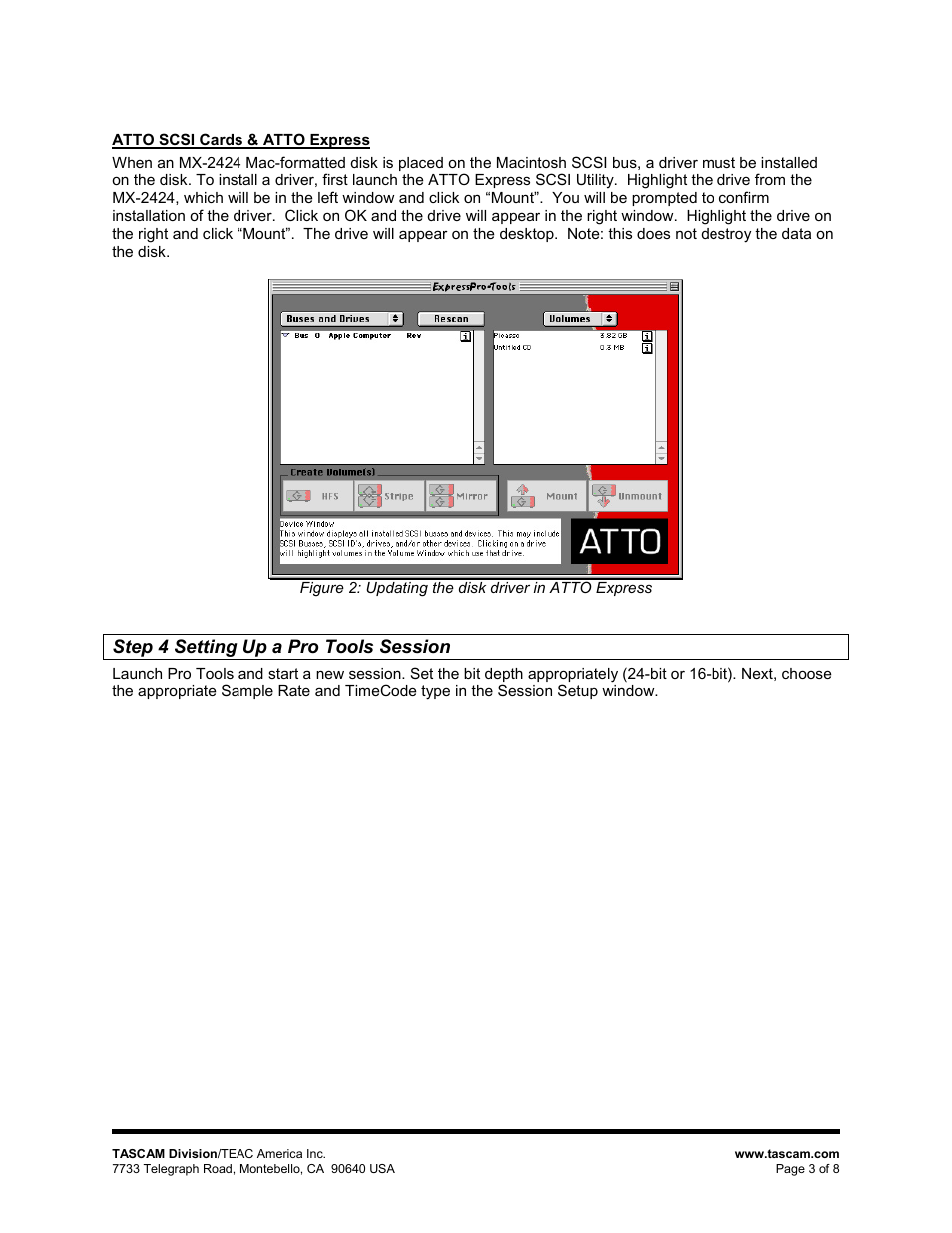 Atto scsi cards & atto express, Step 4 setting up a pro tools session | Teac MX-2424 Digidesign Pro Tools User Manual | Page 3 / 8