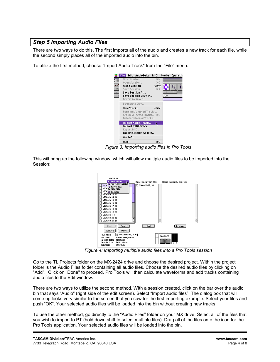Step 5 importing audio files | Teac MX-2424 Digidesign Pro Tools User Manual | Page 4 / 8