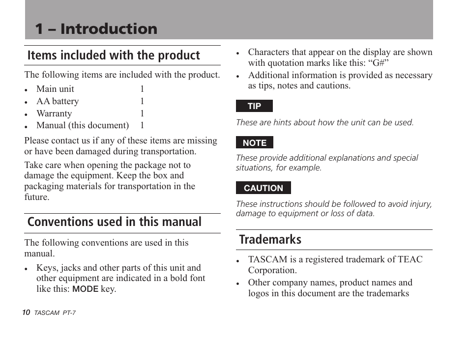 Items included with the product, Conventions used in this manual, Trademarks | 1 – introduction | Teac PT-7 User Manual | Page 10 / 44