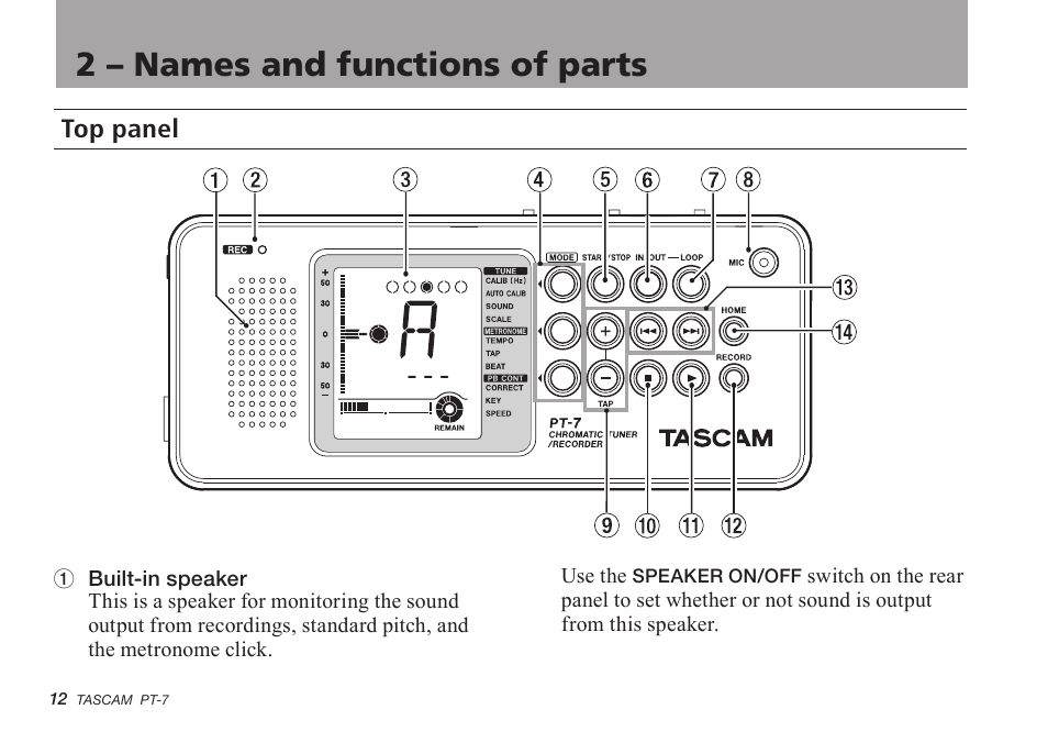 2 - names and functions of parts, Top panel, 2 – names and functions of parts | Teac PT-7 User Manual | Page 12 / 44