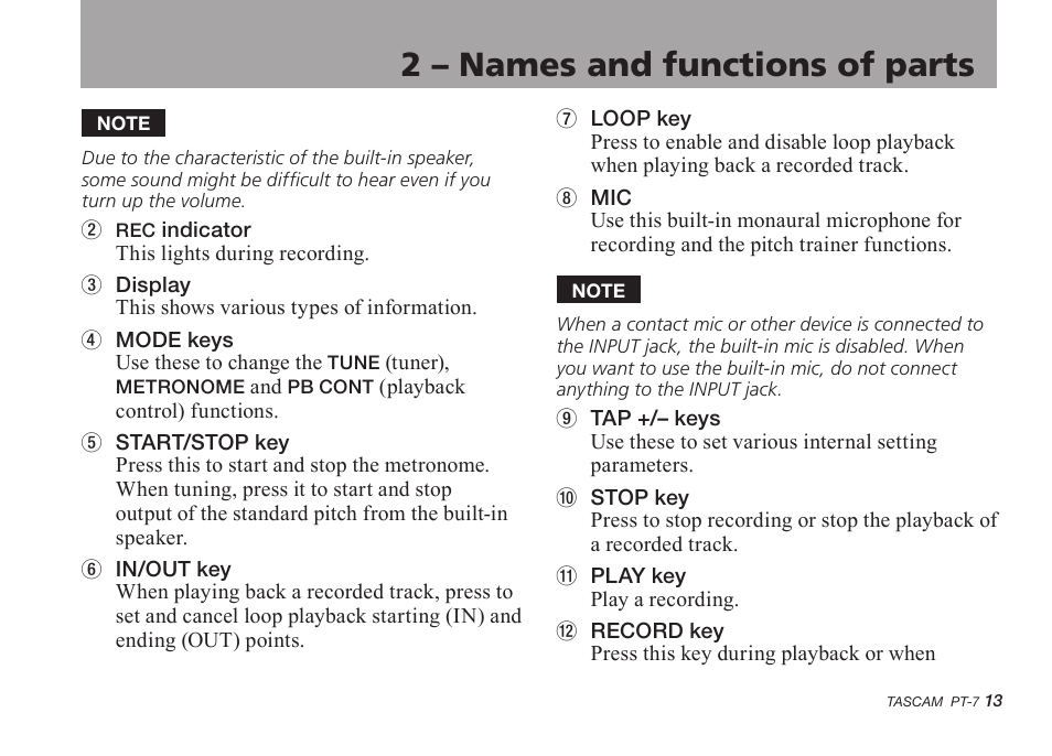 2 – names and functions of parts | Teac PT-7 User Manual | Page 13 / 44