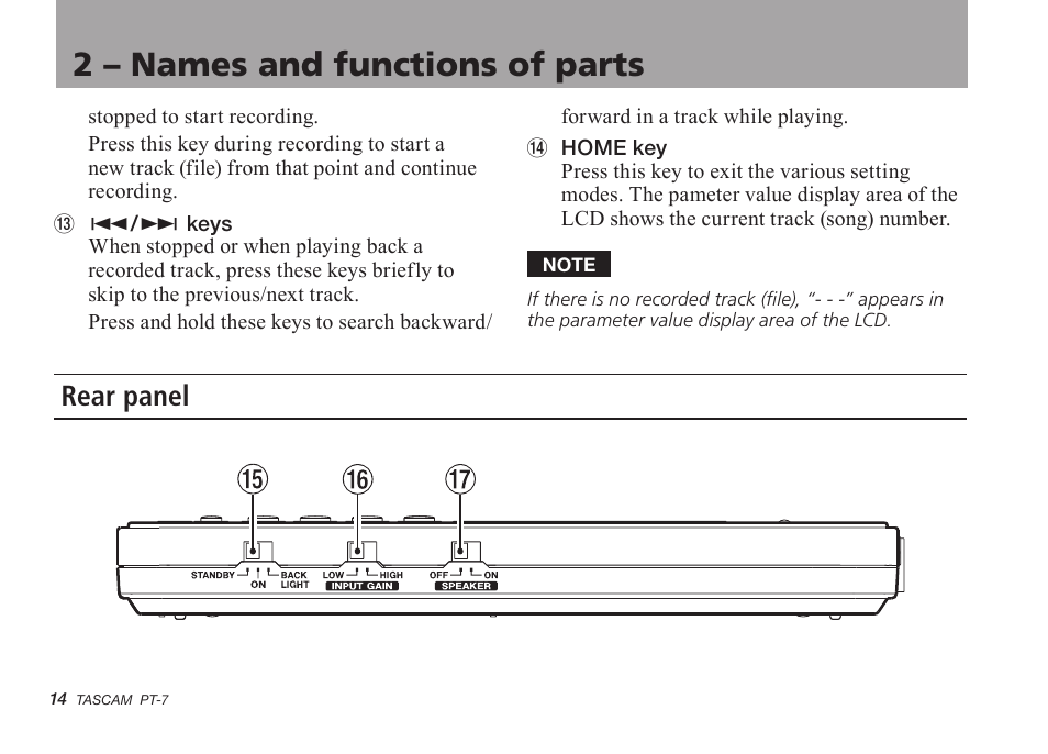 Rear panel, 2 – names and functions of parts | Teac PT-7 User Manual | Page 14 / 44