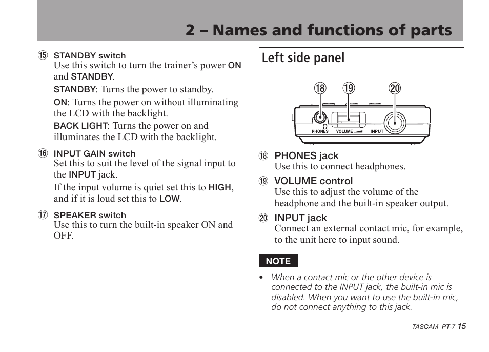 Left side panel, 2 – names and functions of parts | Teac PT-7 User Manual | Page 15 / 44