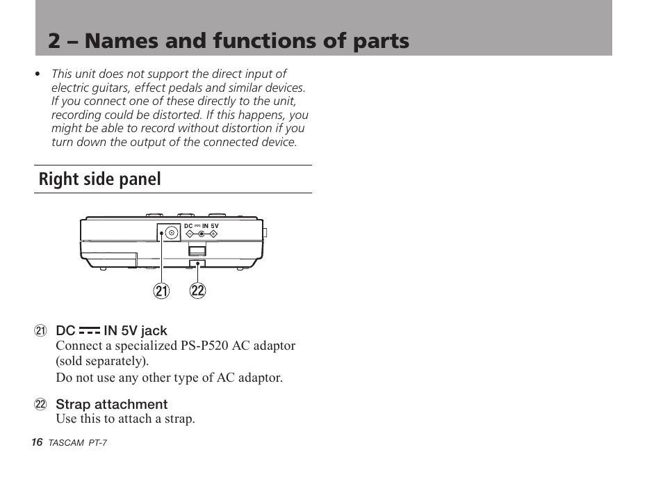 Right side panel, 2 – names and functions of parts | Teac PT-7 User Manual | Page 16 / 44