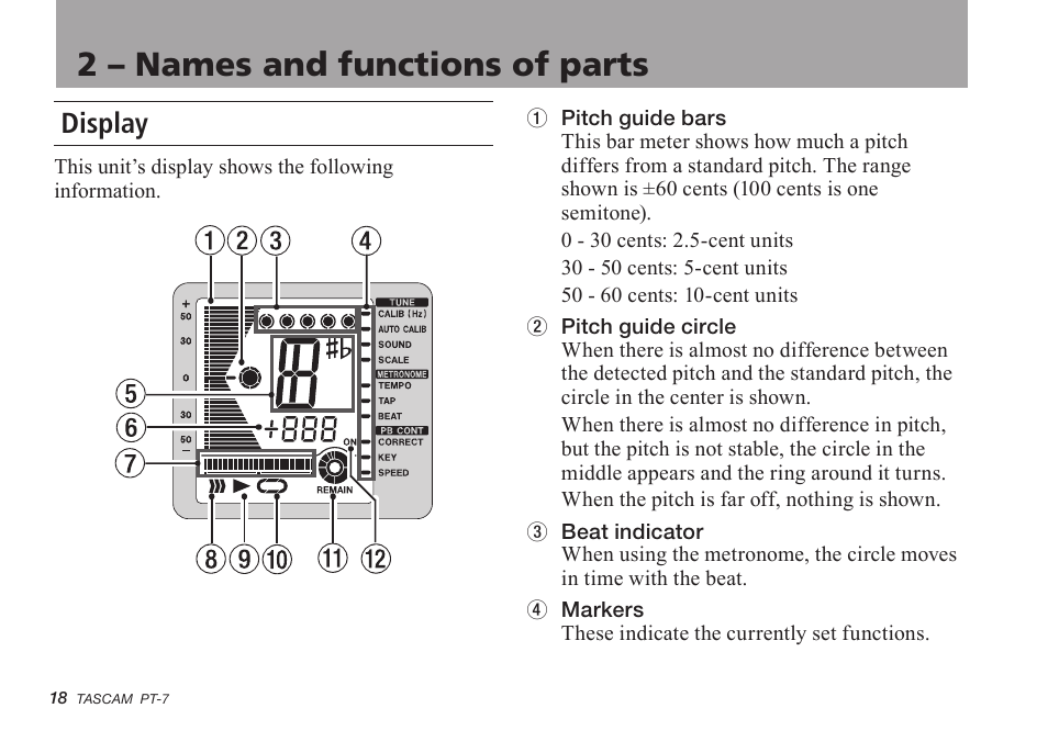 Display, 2 – names and functions of parts | Teac PT-7 User Manual | Page 18 / 44