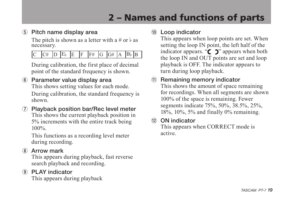 2 – names and functions of parts | Teac PT-7 User Manual | Page 19 / 44