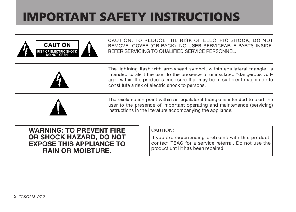 Important safety instructions | Teac PT-7 User Manual | Page 2 / 44