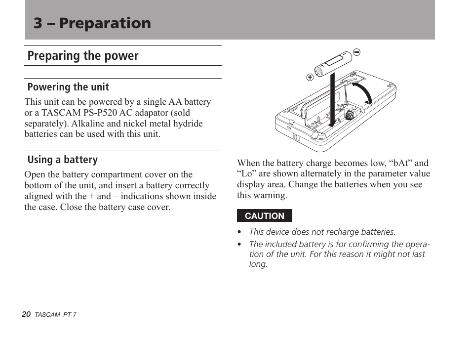 3 - preparation, Preparing the power, Powering the unit | Using a battery, 3 – preparation | Teac PT-7 User Manual | Page 20 / 44