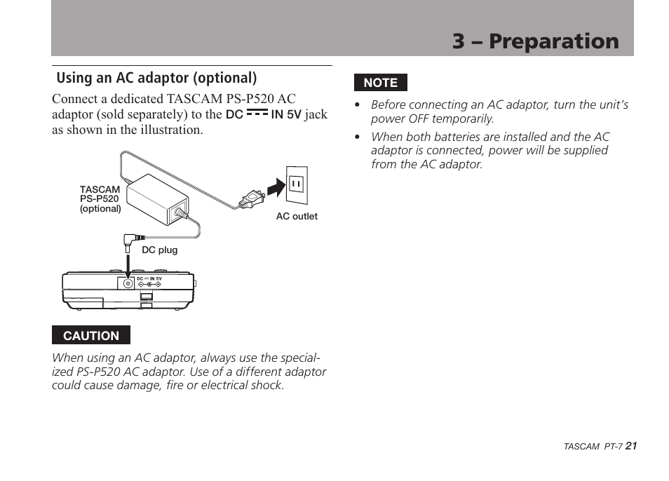 Using an ac adaptor (optional), 3 – preparation | Teac PT-7 User Manual | Page 21 / 44