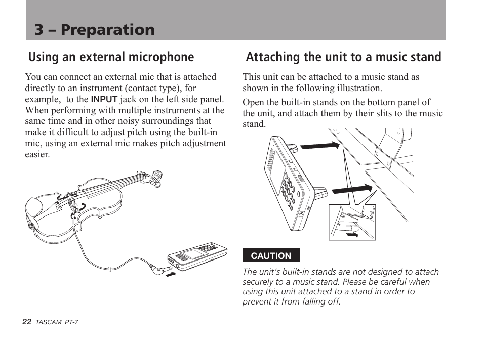 Using an external microphone, Attaching the unit to a music stand, 3 – preparation | Teac PT-7 User Manual | Page 22 / 44