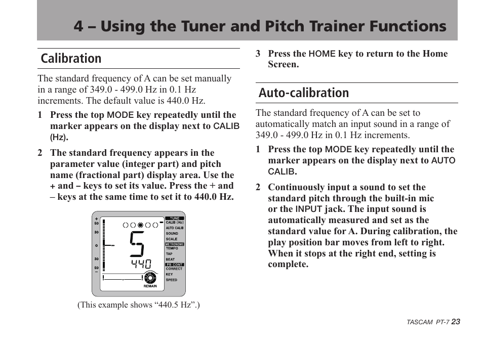 4 - using the tuner and pitch trainer functions, Calibration, Auto-calibration | 4 – using the tuner and pitch trainer functions | Teac PT-7 User Manual | Page 23 / 44