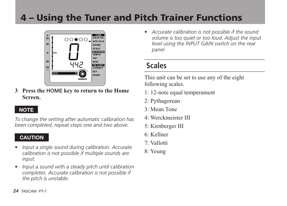 Scales, 4 – using the tuner and pitch trainer functions | Teac PT-7 User Manual | Page 24 / 44