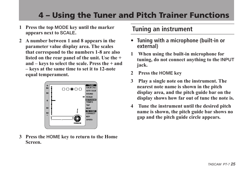 Tuning an instrument, 4 – using the tuner and pitch trainer functions | Teac PT-7 User Manual | Page 25 / 44