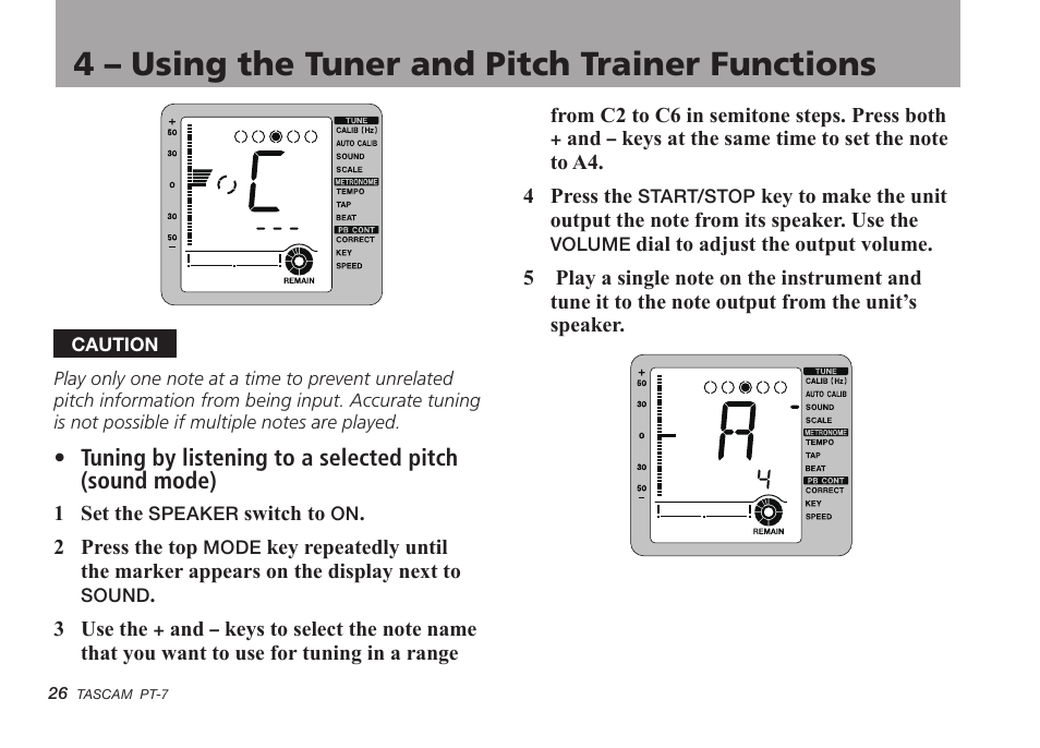 4 – using the tuner and pitch trainer functions | Teac PT-7 User Manual | Page 26 / 44