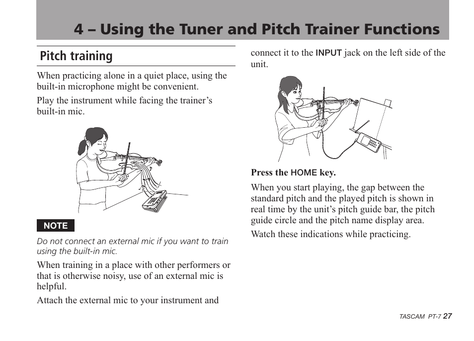 Pitch training, 4 – using the tuner and pitch trainer functions | Teac PT-7 User Manual | Page 27 / 44