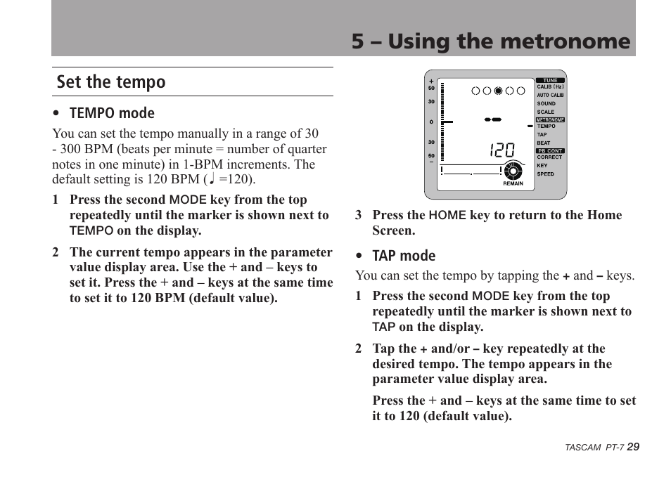 5 - using the metronome, Set the tempo, 5 – using the metronome | Teac PT-7 User Manual | Page 29 / 44