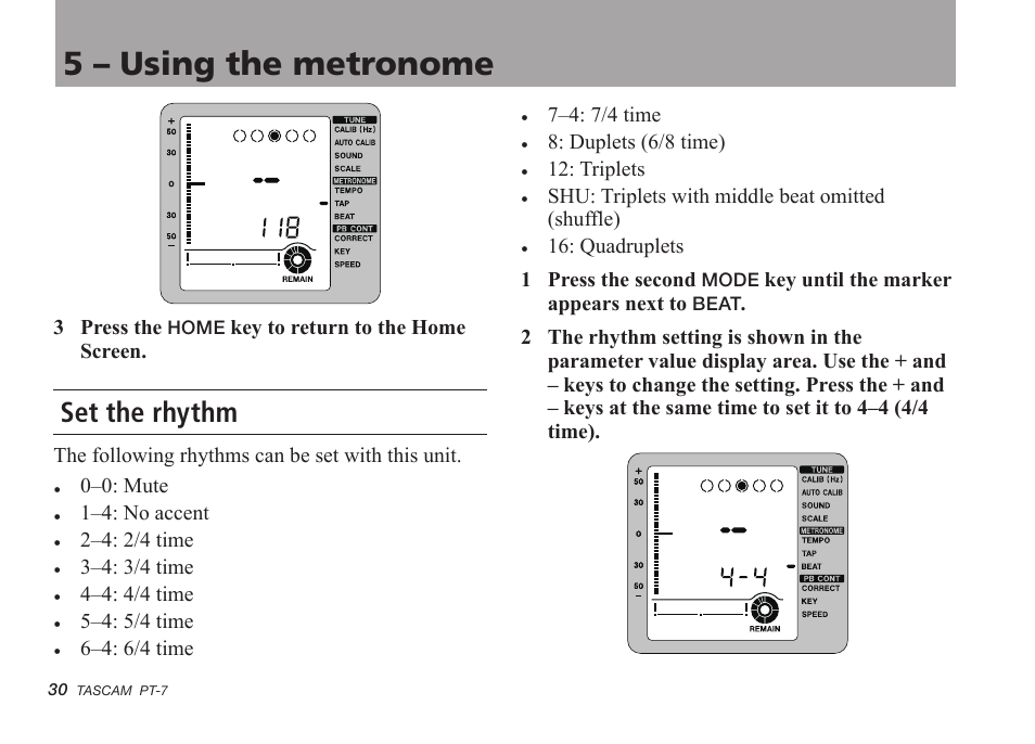 Set the rhythm, 5 – using the metronome | Teac PT-7 User Manual | Page 30 / 44