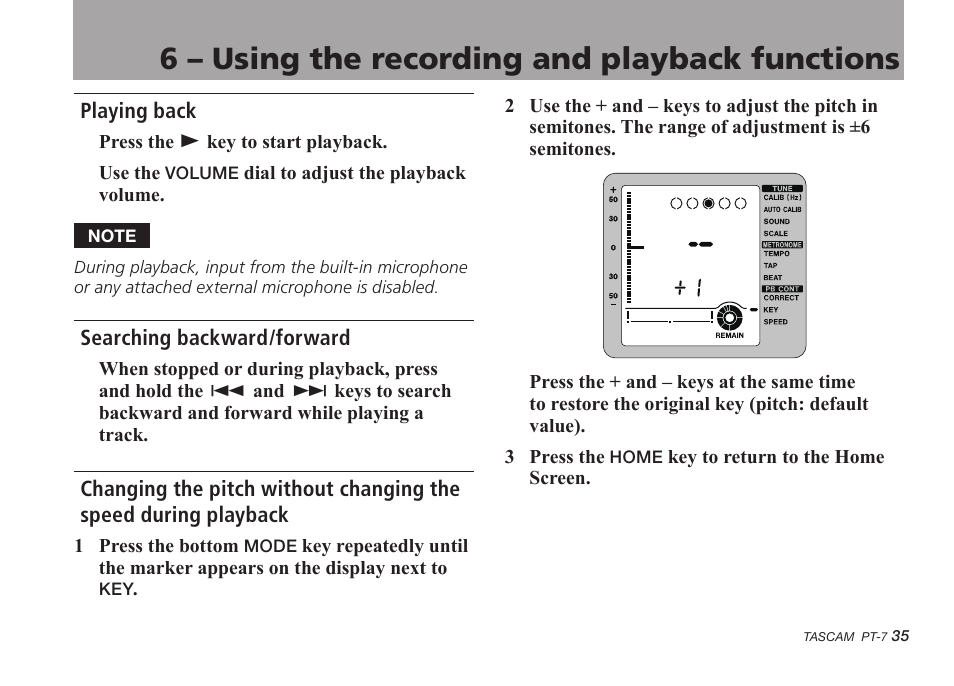 Playing back, Searching backward/forward, 6 – using the recording and playback functions | Teac PT-7 User Manual | Page 35 / 44