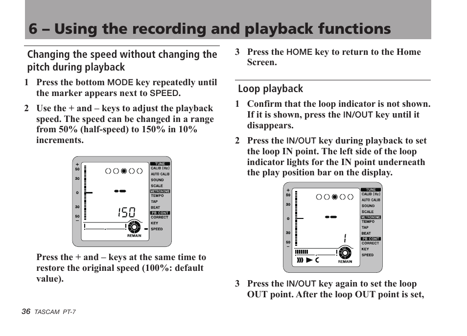 Loop playback, 6 – using the recording and playback functions | Teac PT-7 User Manual | Page 36 / 44