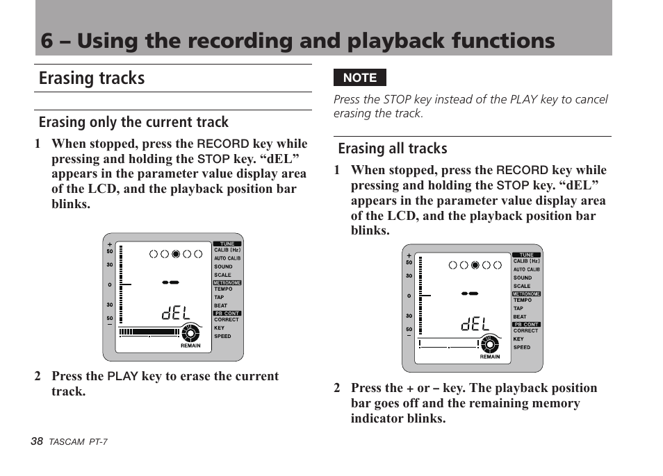 Erasing tracks, Erasing only the current track, Erasing all tracks | 6 – using the recording and playback functions | Teac PT-7 User Manual | Page 38 / 44