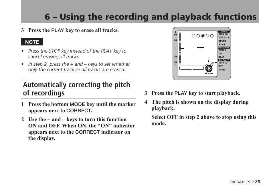 Automatically correcting the pitch of recordings, 6 – using the recording and playback functions | Teac PT-7 User Manual | Page 39 / 44