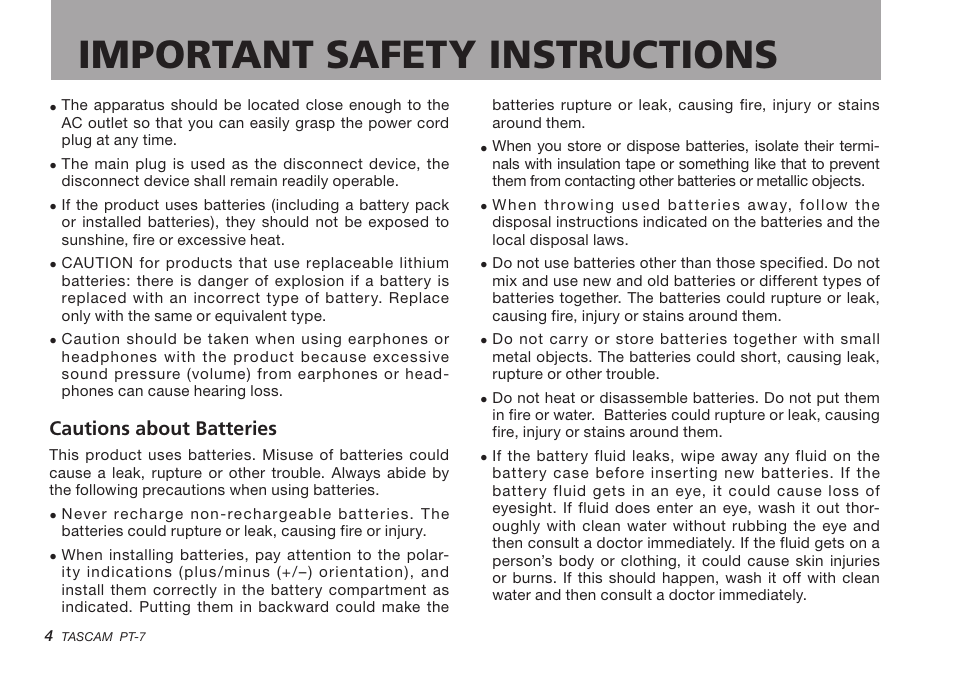 Important safety instructions | Teac PT-7 User Manual | Page 4 / 44