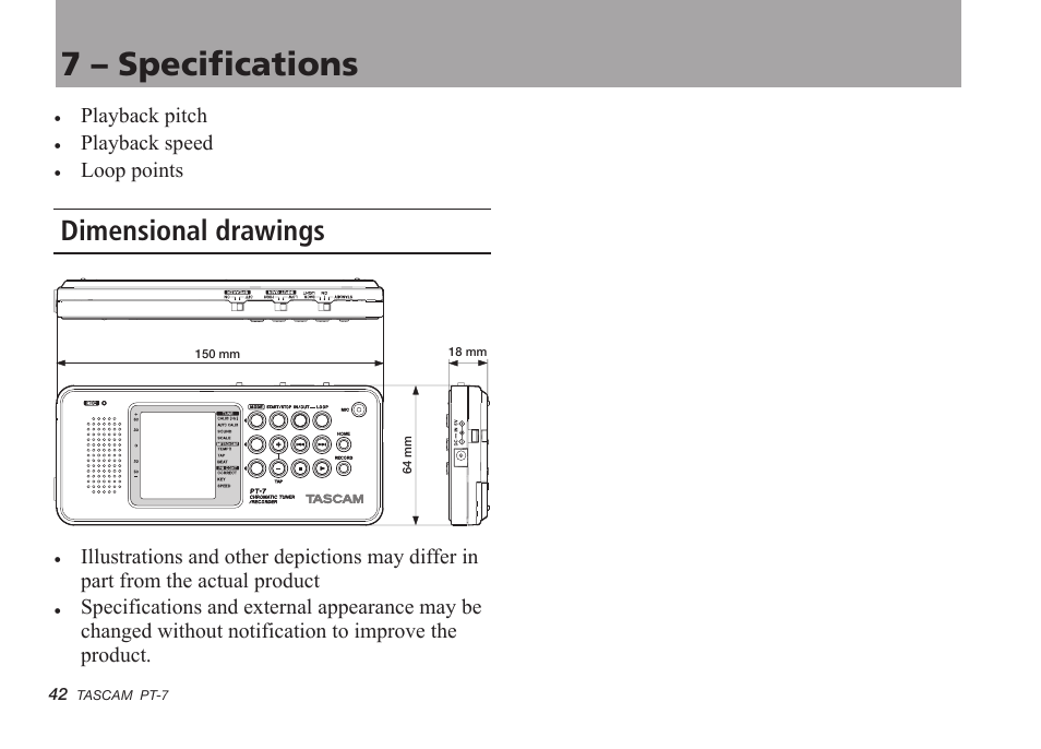 Dimensional drawings, 7 – specifications | Teac PT-7 User Manual | Page 42 / 44