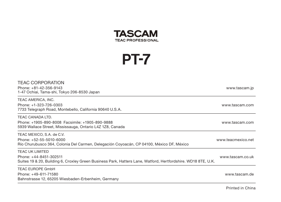 Pt-7 | Teac PT-7 User Manual | Page 44 / 44