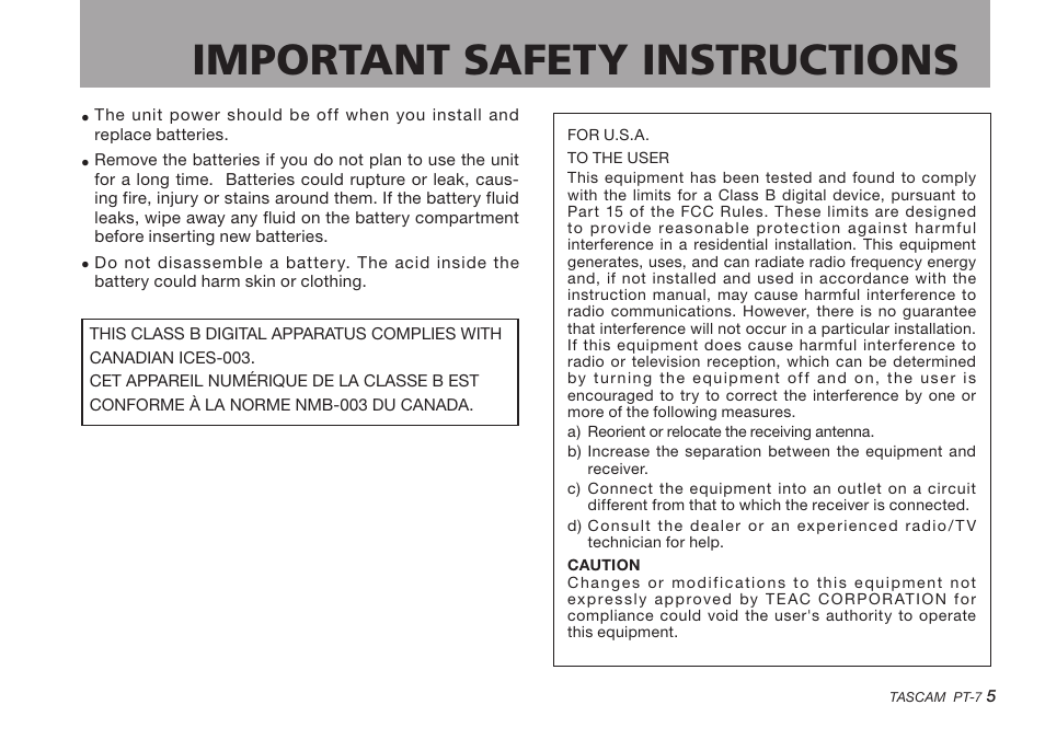 Important safety instructions | Teac PT-7 User Manual | Page 5 / 44