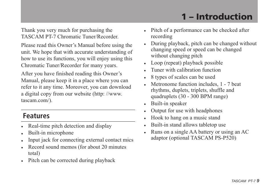 1 - introduction, Features, 1 – introduction | Teac PT-7 User Manual | Page 9 / 44