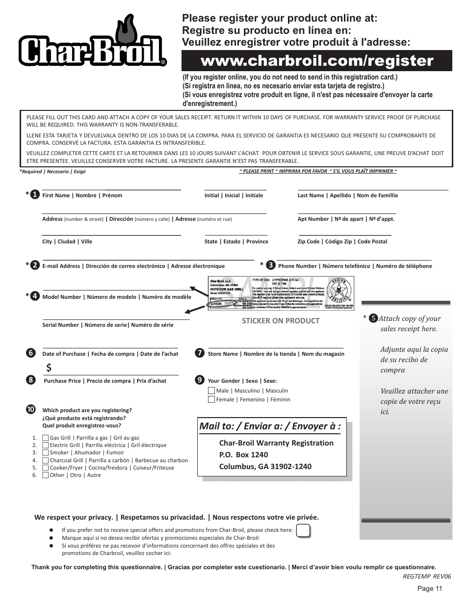 Mail to: / enviar a: / envoyer à | Char-Broil 14" TABLETOP 12301719 User Manual | Page 11 / 12