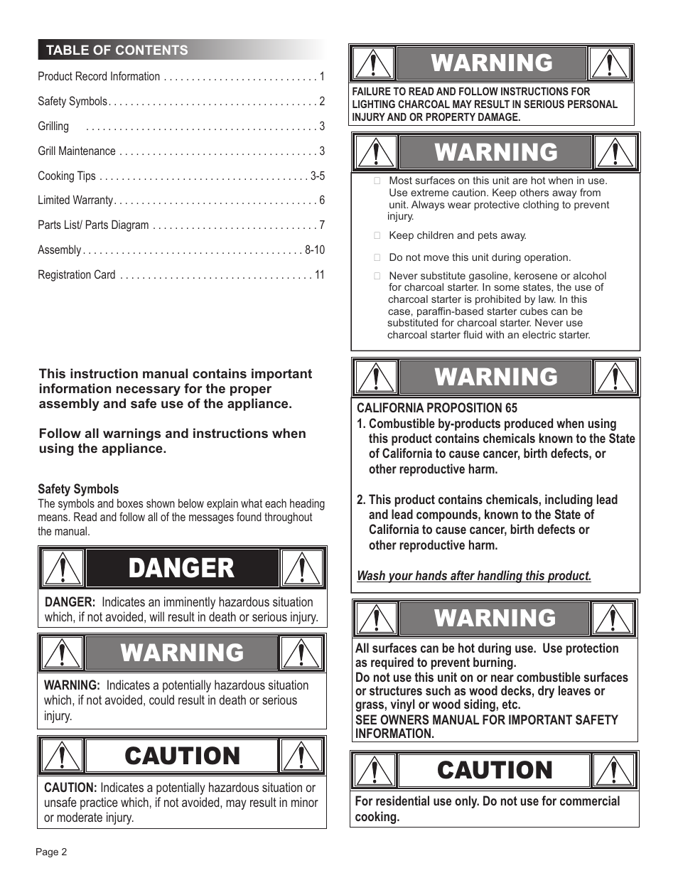 Danger, Warning, Caution | Char-Broil 14" TABLETOP 12301719 User Manual | Page 2 / 12