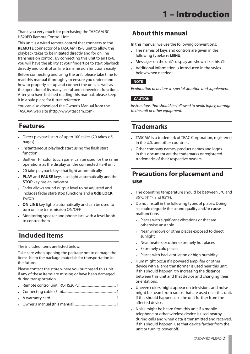 1 – introduction, Features, Included items | About this manual, Trademarks, Precautions for placement and use | Teac RC-HS20PD v.B User Manual | Page 3 / 12