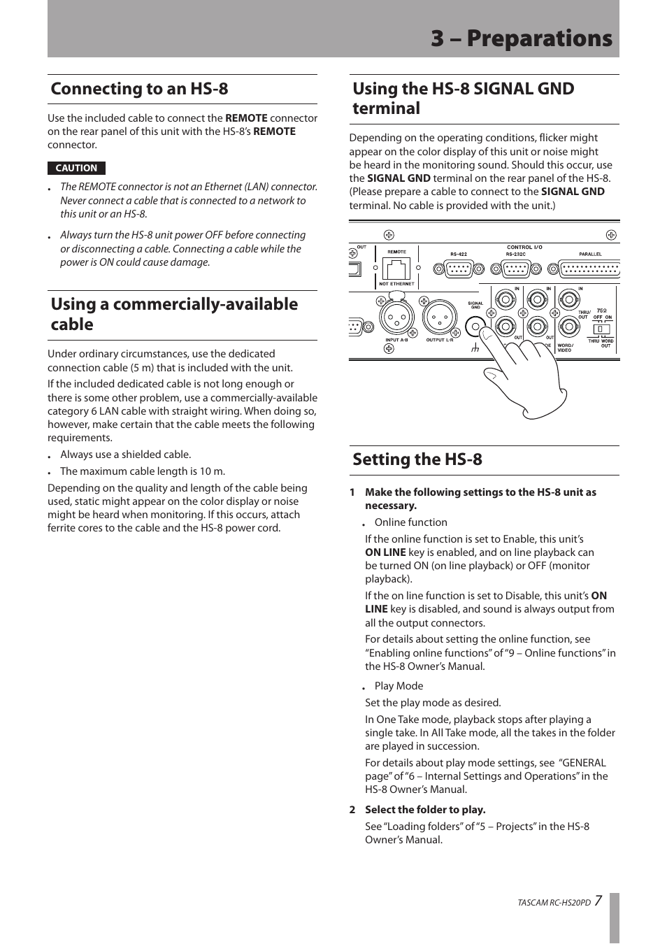 3 – preparations, Connecting to an hs-8, Using a commercially-available cable | Using the hs-8 signal gnd terminal, Setting the hs-8 | Teac RC-HS20PD v.B User Manual | Page 7 / 12