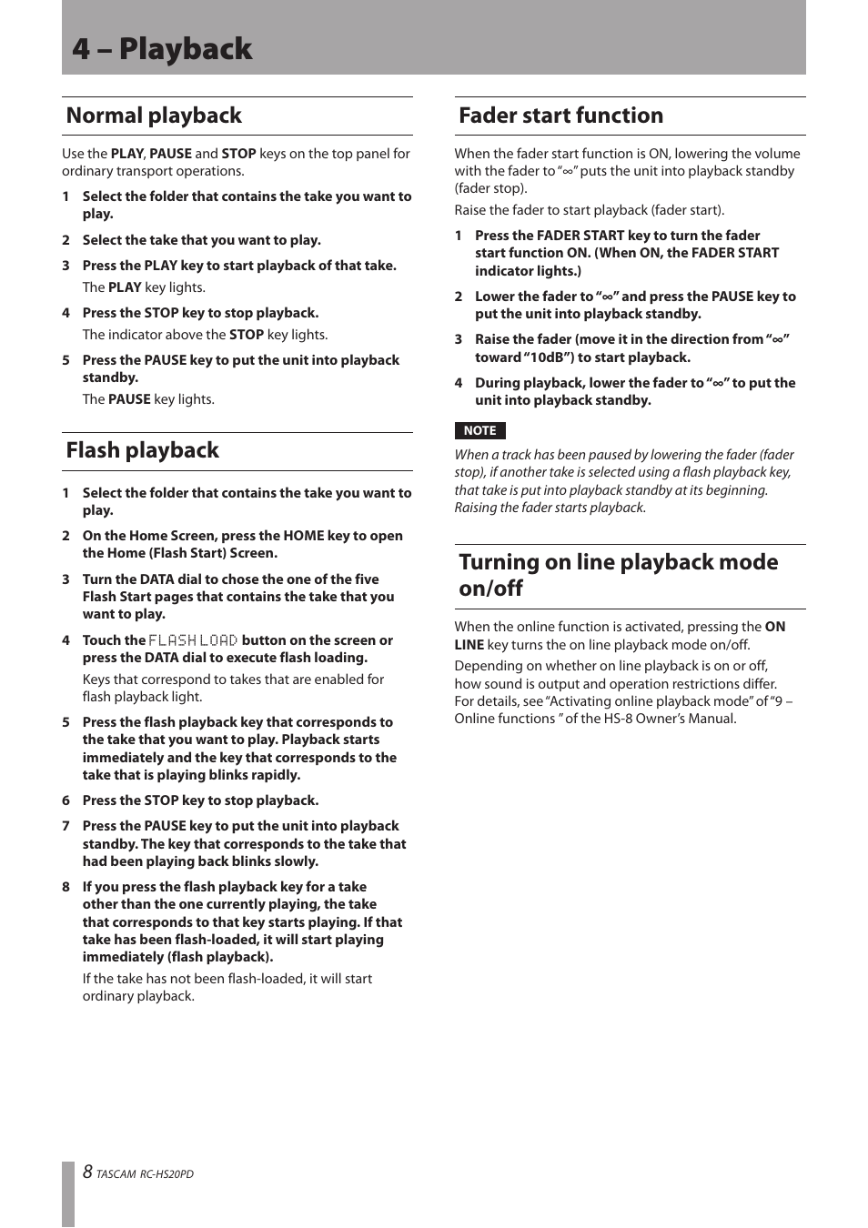 4 – playback, Normal playback, Flash playback | Fader start function, Turning on line playback mode on/off, Mode on/off | Teac RC-HS20PD v.B User Manual | Page 8 / 12