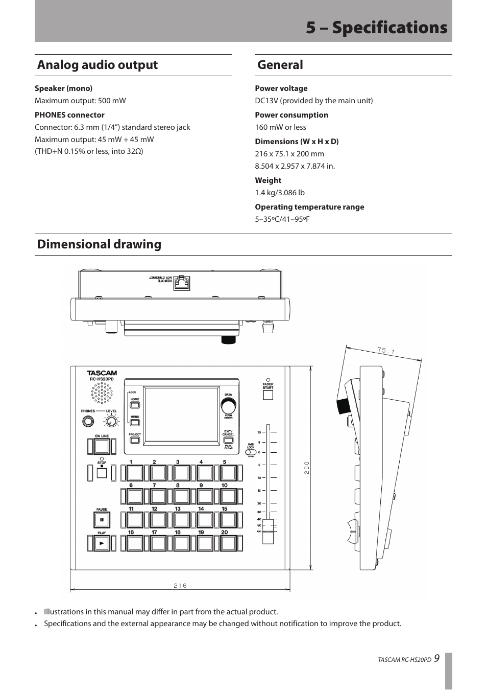 5 – specifications, Analog audio output, General | Dimensional drawing, Analog audio output general dimensional drawing | Teac RC-HS20PD v.B User Manual | Page 9 / 12