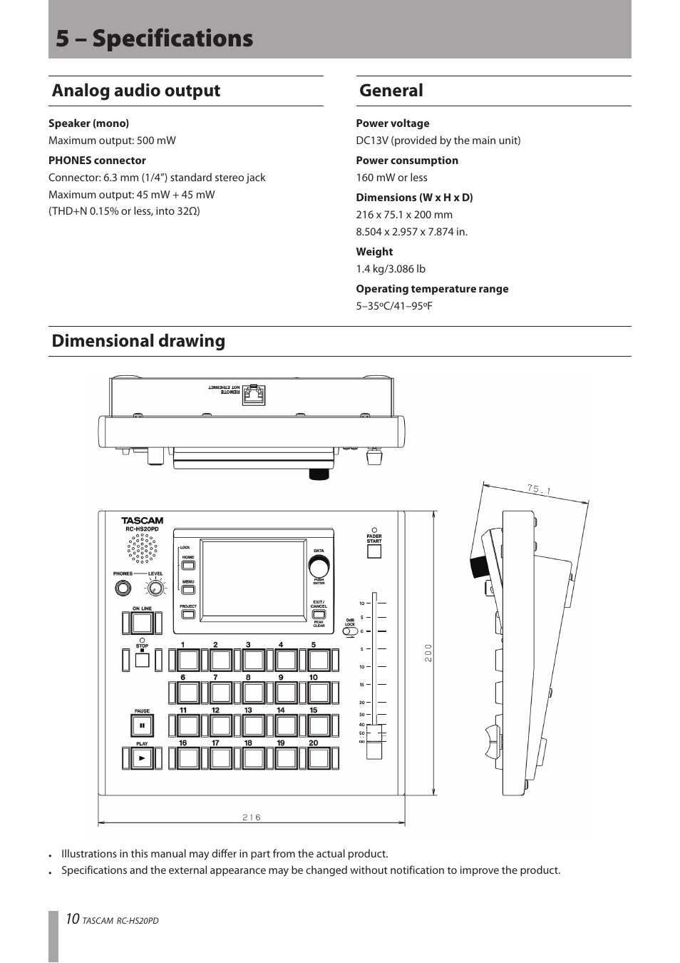 5 – specifications, Analog audio output, General | Dimensional drawing, Analog audio output general dimensional drawing | Teac RC-HS20PD v.A User Manual | Page 10 / 12