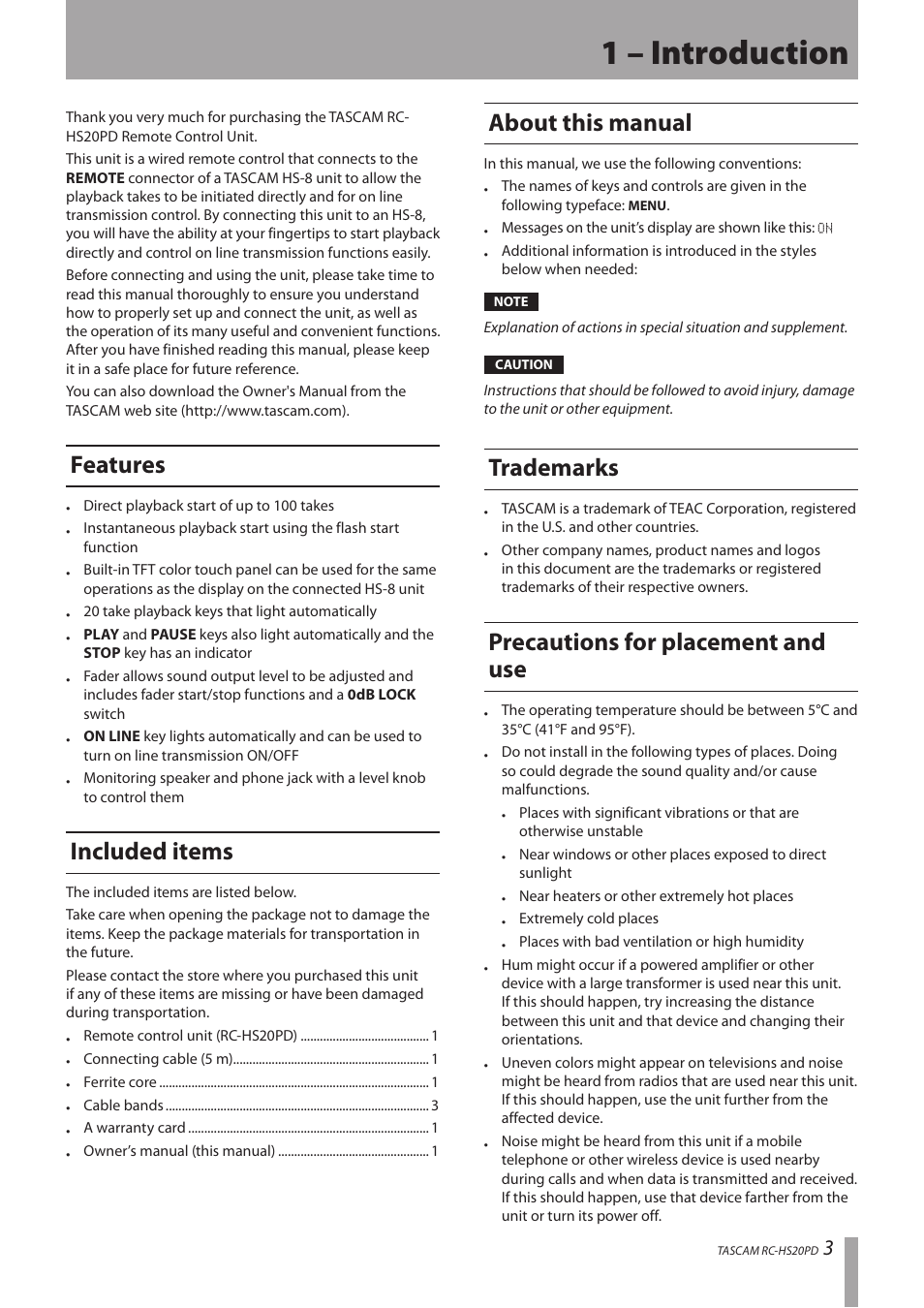 1 – introduction, Features, Included items | About this manual, Trademarks, Precautions for placement and use | Teac RC-HS20PD v.A User Manual | Page 3 / 12