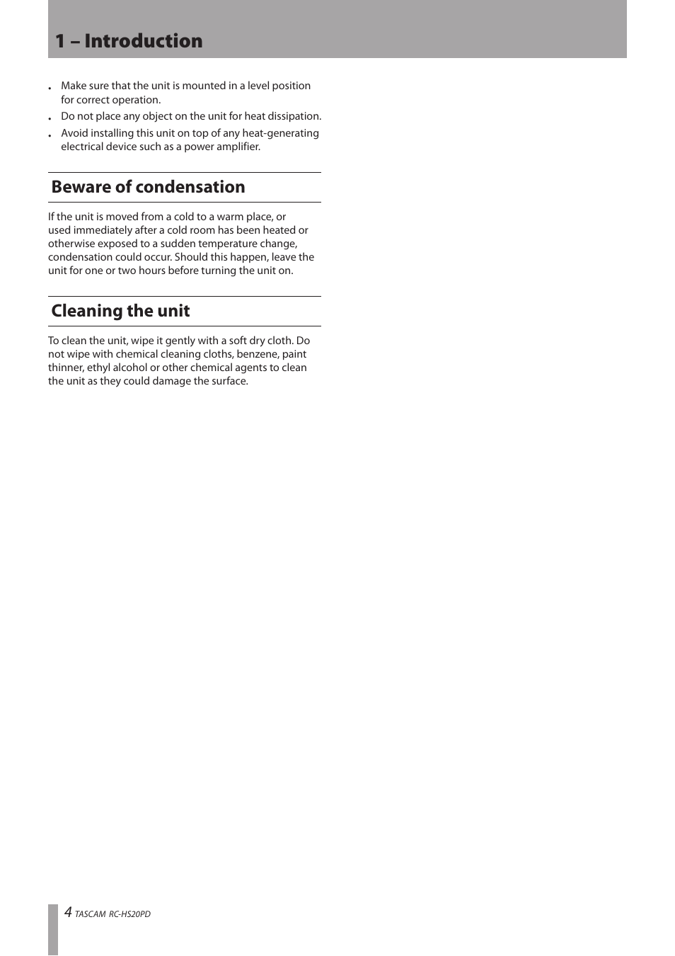 Beware of condensation, Cleaning the unit, Beware of condensation cleaning the unit | 1 – introduction | Teac RC-HS20PD v.A User Manual | Page 4 / 12