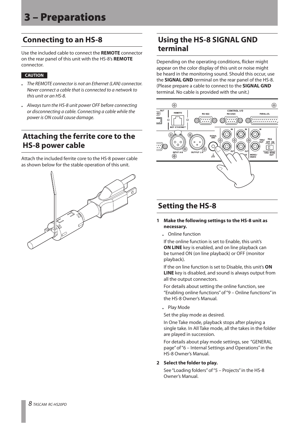 3 – preparations, Connecting to an hs-8, Attaching the ferrite core to the hs-8 power cable | Using the hs-8 signal gnd terminal, Setting the hs-8 | Teac RC-HS20PD v.A User Manual | Page 8 / 12