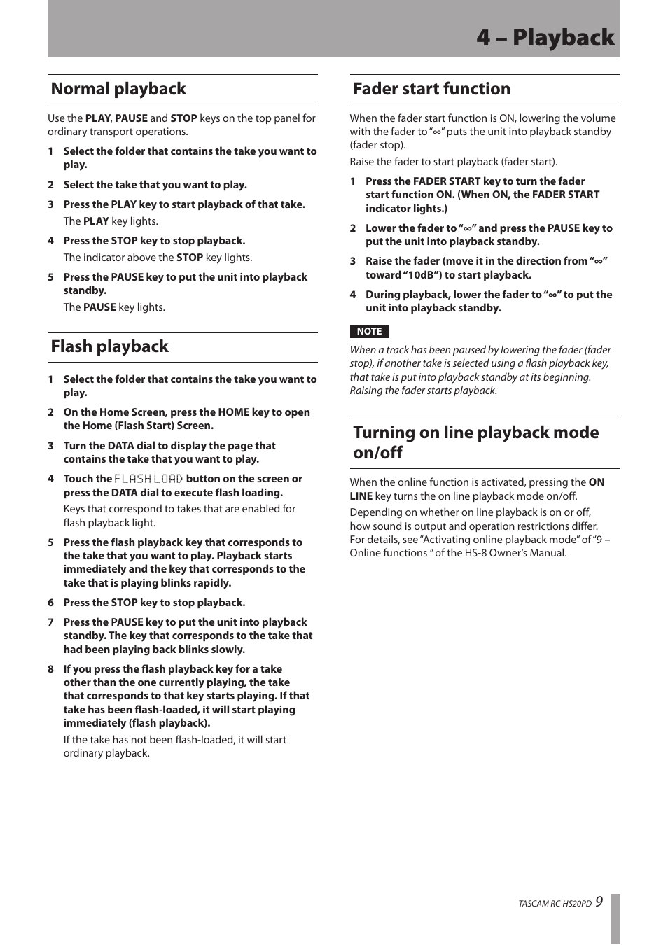 4 – playback, Normal playback, Flash playback | Fader start function, Turning on line playback mode on/off, Mode on/off | Teac RC-HS20PD v.A User Manual | Page 9 / 12