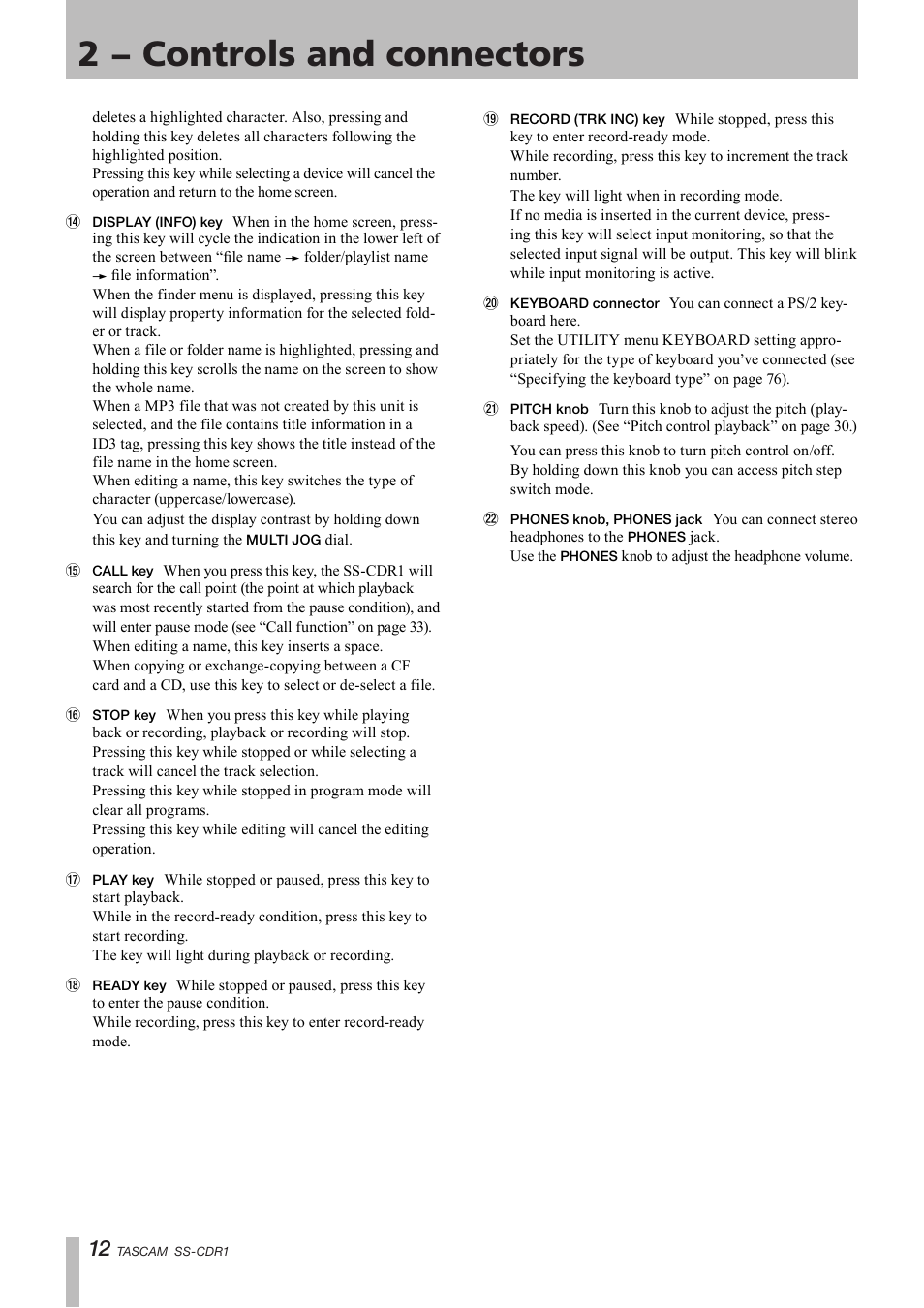 2 − controls and connectors | Teac SS-CDR1 User Manual | Page 12 / 88