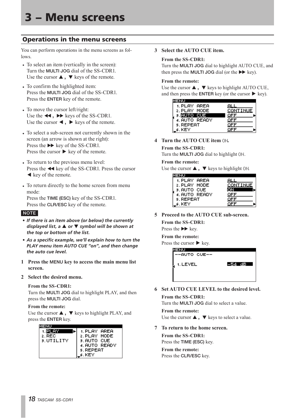 Operations in the menu screens, 3 − menu screens | Teac SS-CDR1 User Manual | Page 18 / 88