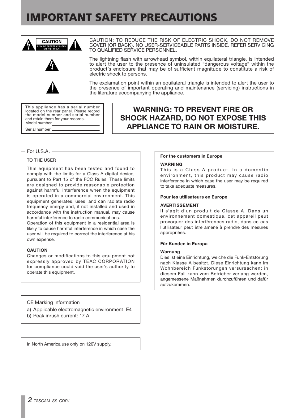 Important safety precautions | Teac SS-CDR1 User Manual | Page 2 / 88